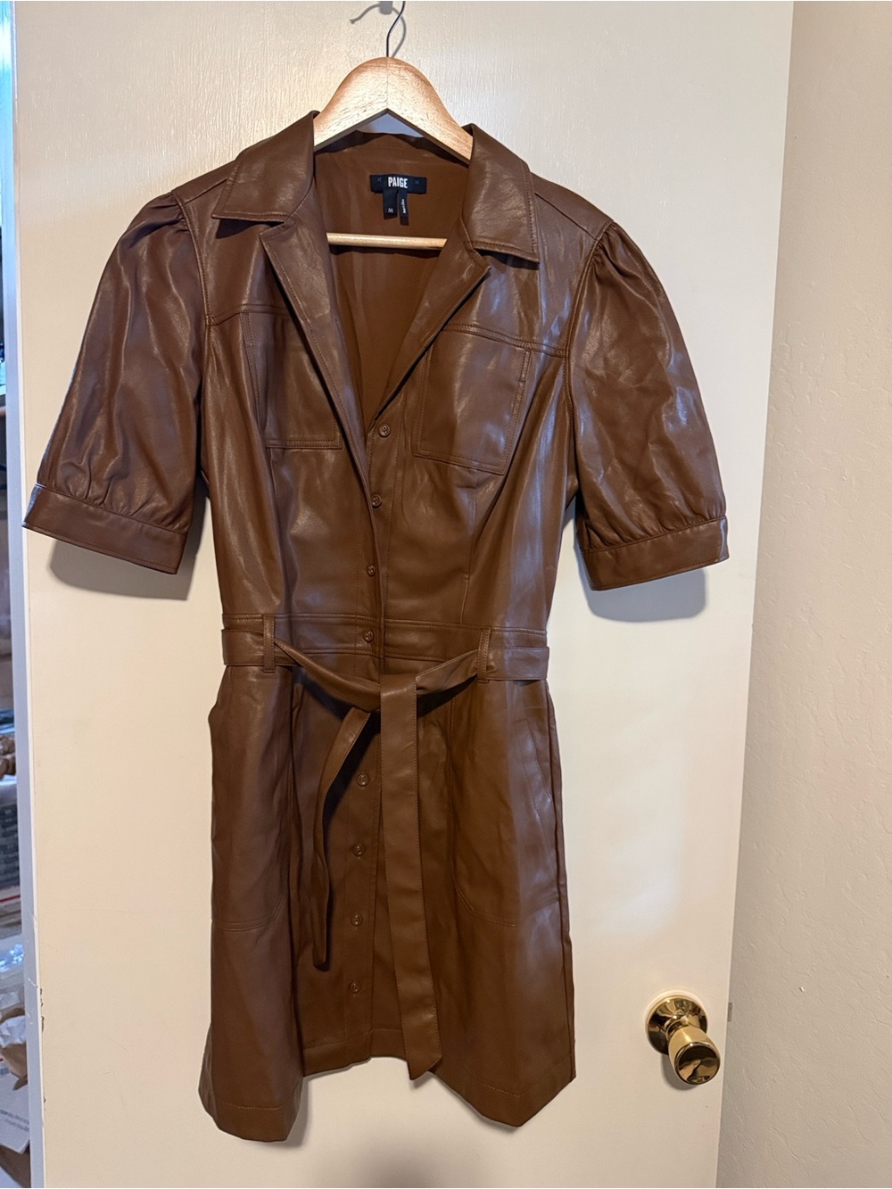 PAIGE Brown Faux Leather Shirt Dress with Belt